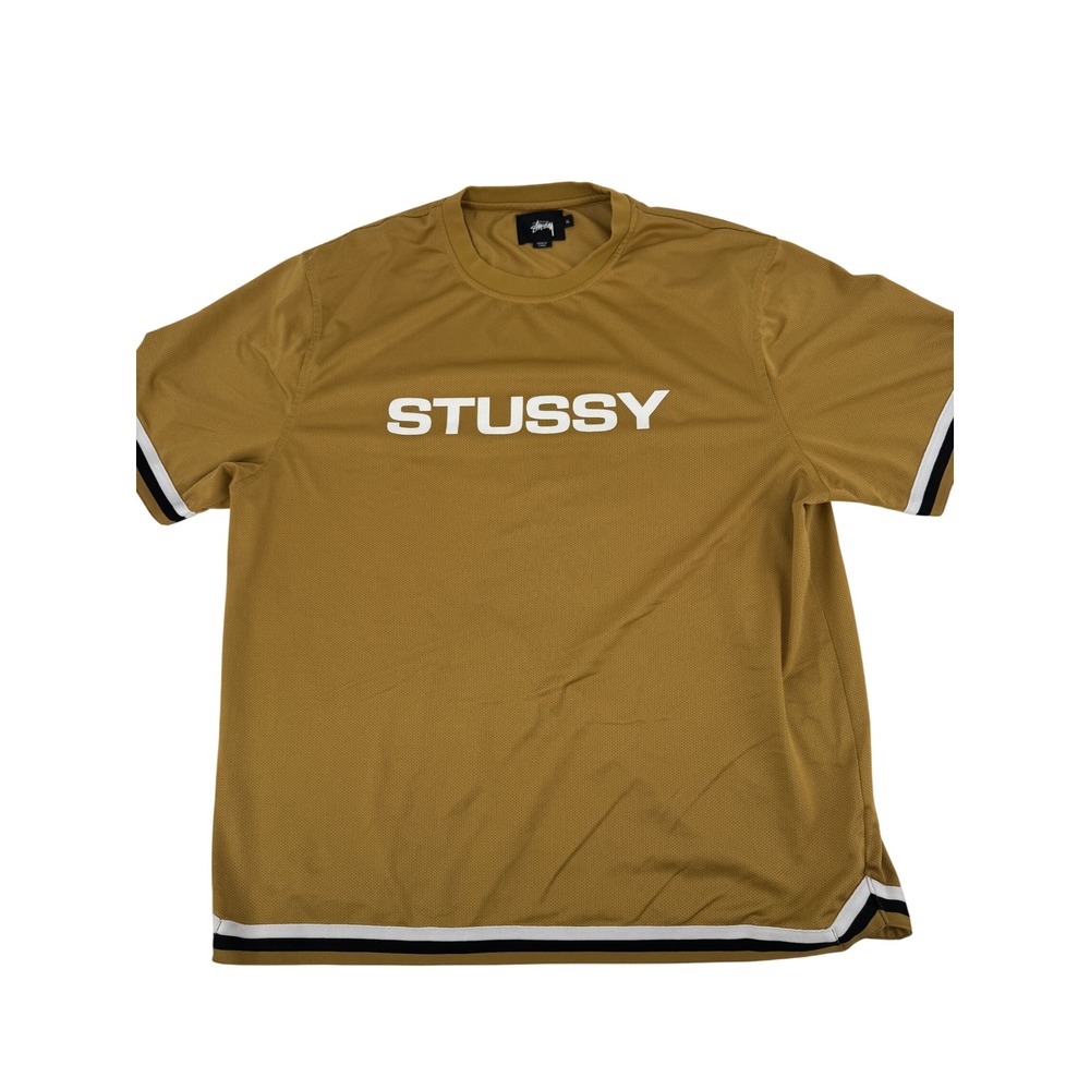 Stussy Mesh Jersey Tee Men XL Tan Gold Striped Trim Streetwear Sporty 8512